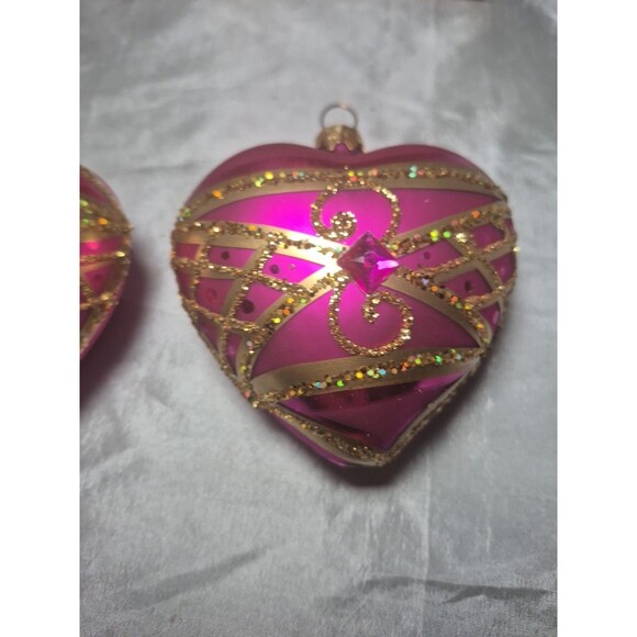 Set Of 2 Vitbis Glass Pink Jeweled Heart Shaped Ornaments Made In Poland - Picture 4 of 16